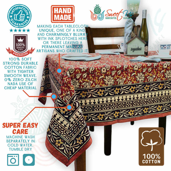 Marigold Radiance Floral Cotton Block Print Tablecloth Rectangle, Ruby Terracotta - Sweet Us