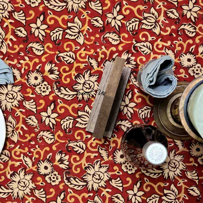 Marigold Radiance Floral Cotton Block Print Tablecloth Rectangle, Ruby Terracotta - Sweet Us