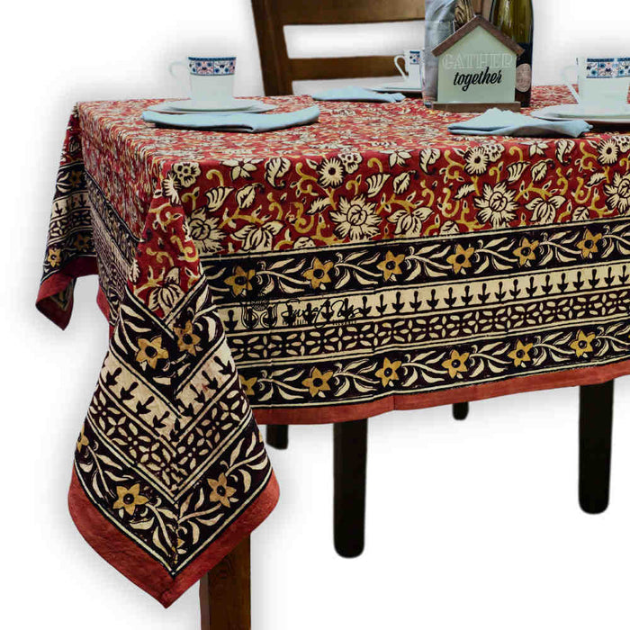 Marigold Radiance Floral Cotton Block Print Tablecloth Rectangle, Ruby Terracotta - Sweet Us