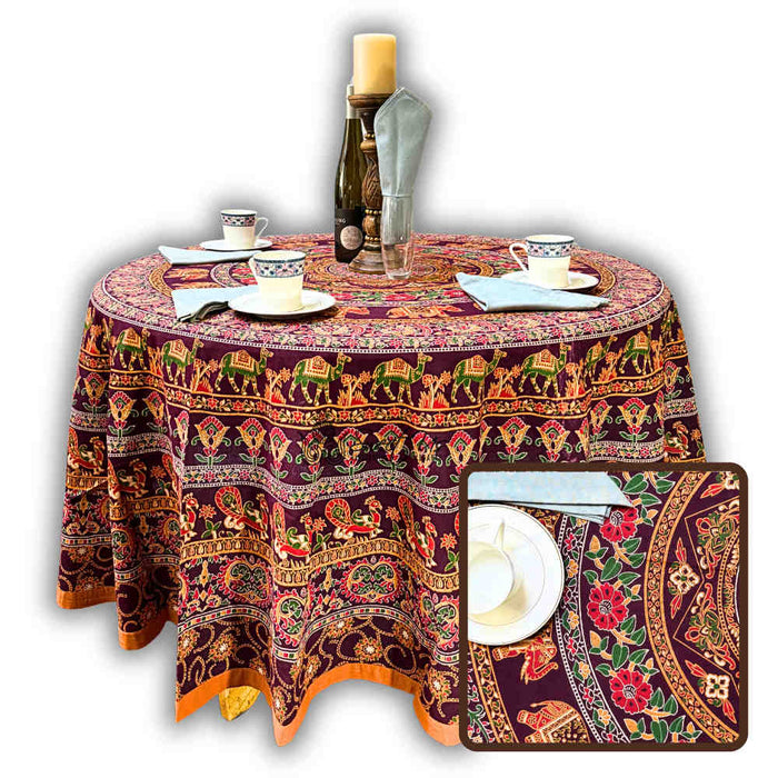 Meridian Mandala Cotton Tablecloth Round — Burgundy Ember - Sweet Us