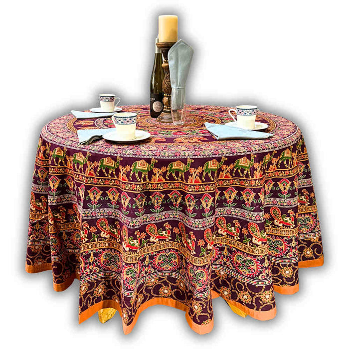 Meridian Mandala Cotton Tablecloth Round — Burgundy Ember - Sweet Us
