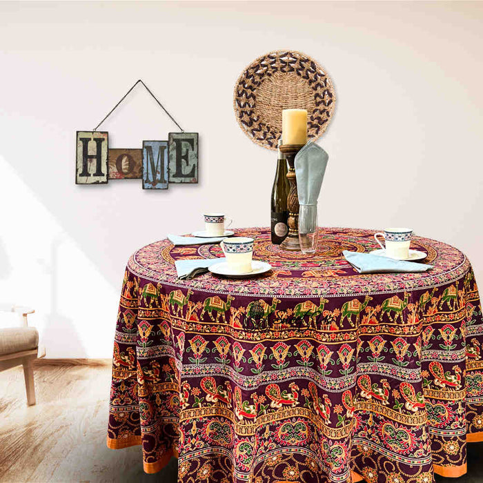 Meridian Mandala Cotton Tablecloth Round — Burgundy Ember - Sweet Us