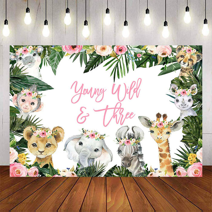 Mocsicka Young Wild Three Little Animals Girl Birthday Backdrop-Mocsicka Party