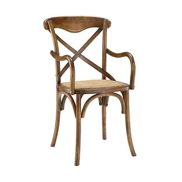 Modway 21" Walnut Gear Rustic Modern Farmhouse Elm Wood Rattan Dining Armchair