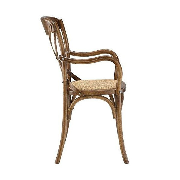 Modway 21" Walnut Gear Rustic Modern Farmhouse Elm Wood Rattan Dining Armchair