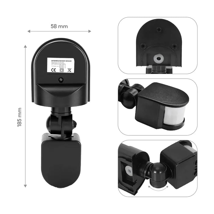 Wired motion sensor installation guide showing power and load wire connections