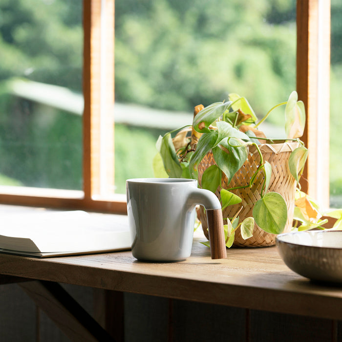 ceramic mug, coffee mug, wooden handle