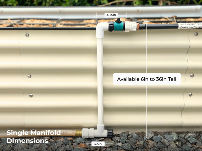 Single Garden Grid Manifold Dimensions for a watering system, 4.25in wide, 4.5in deep, and 6in to 36in tall options