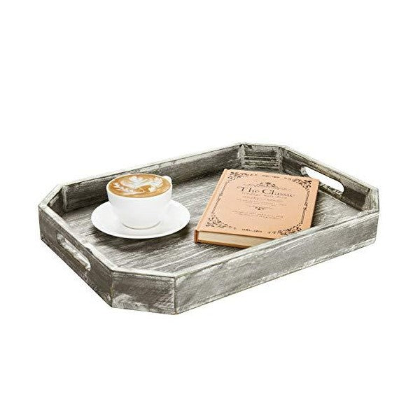 MyGift 16" Gray Country Rustic Wood Serving Tray w/ Cutout Handles & Angled Edges