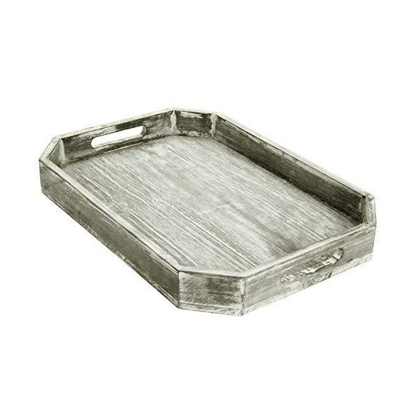 MyGift 16" Gray Country Rustic Wood Serving Tray w/ Cutout Handles & Angled Edges