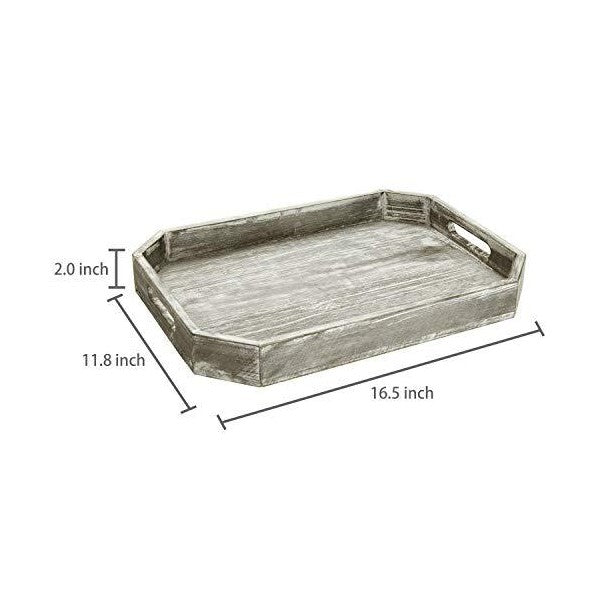 MyGift 16" Gray Country Rustic Wood Serving Tray w/ Cutout Handles & Angled Edges