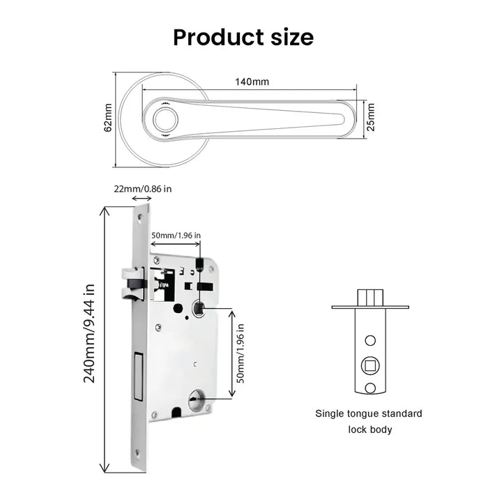 Dimension and lock body measurement chart for Okasha Smart Super Grip Lock Bluetooth showing handle size, lock body structure, and smart door lock installation dimensions