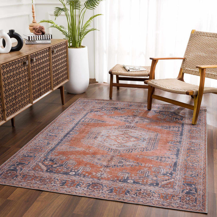 Oriental Persian Rust and Blue Vintage Style Medallion Low pile Washable Area Rug - The Rug Decor