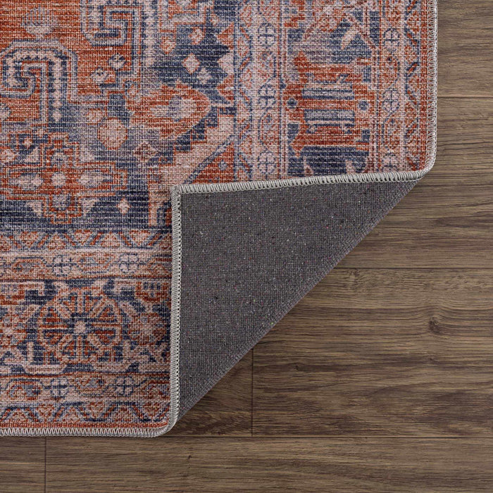 Oriental Persian Rust and Blue Vintage Style Medallion Low pile Washable Area Rug - The Rug Decor