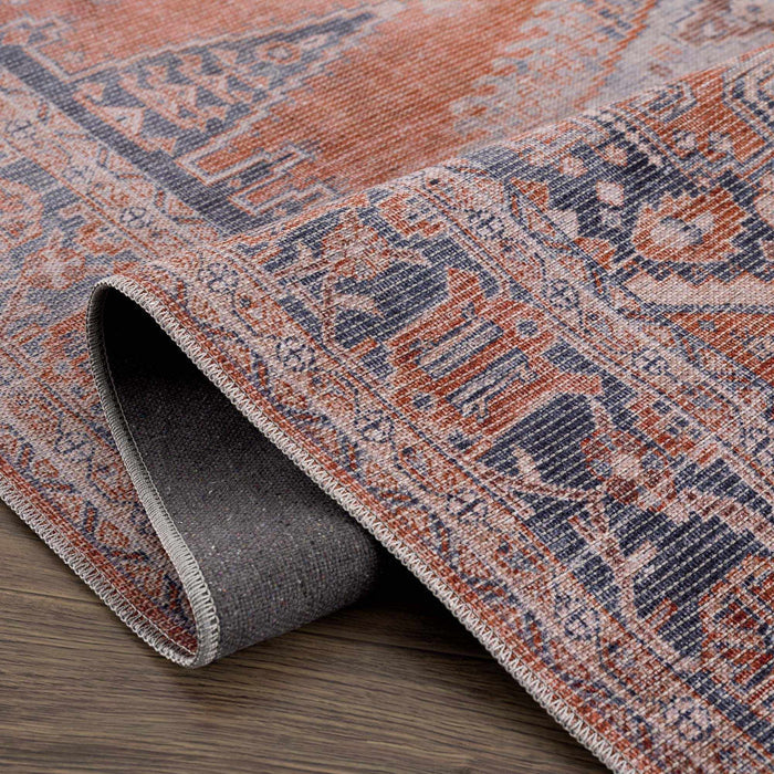Oriental Persian Rust and Blue Vintage Style Medallion Low pile Washable Area Rug - The Rug Decor