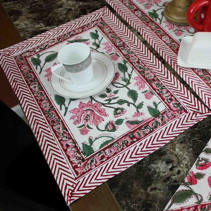 Fiorella Block Print Cotton Floral Set of Four Placemats, Delicate Pink - Sweet Us