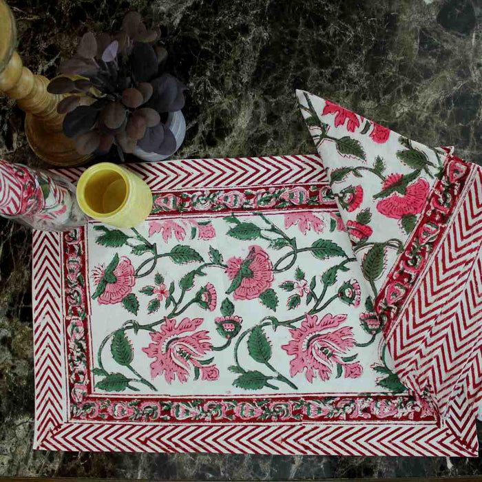 Fiorella Block Print Cotton Floral Set of Four Placemats, Delicate Pink - Sweet Us
