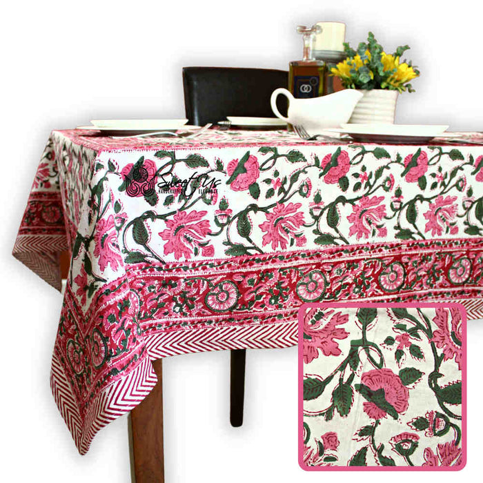 Floral Vine Block Print Tablecloth Rectangle Cotton, White Red, Table Linen - Sweet Us