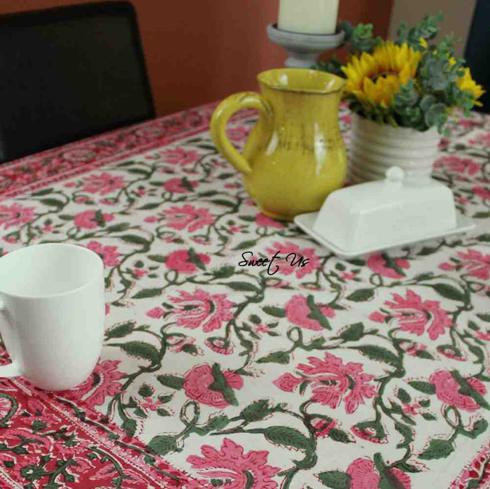 Floral Vine Block Print Tablecloth Rectangle Cotton, White Red, Table Linen - Sweet Us