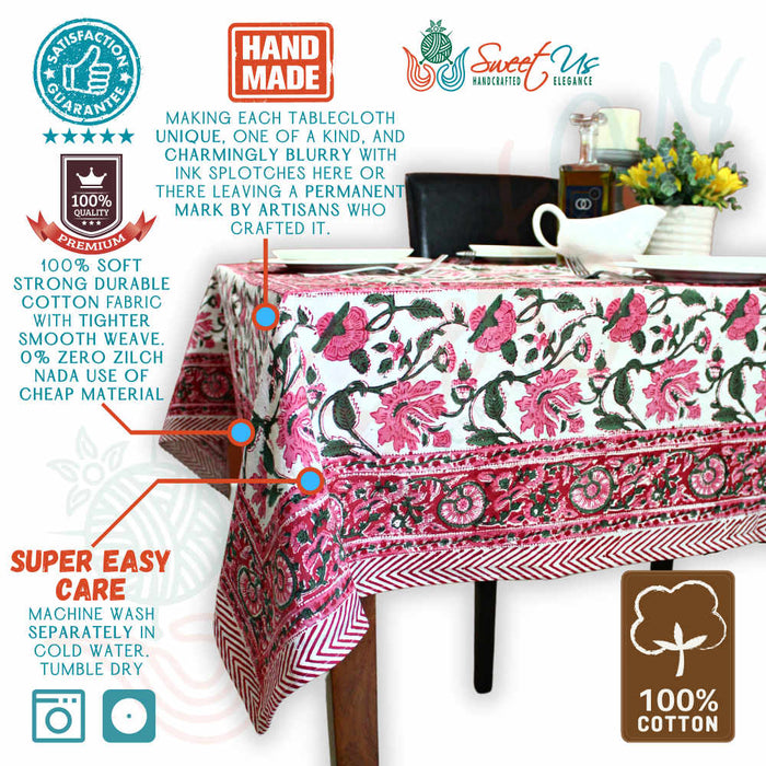 Floral Vine Block Print Tablecloth Rectangle Cotton, White Red, Table Linen - Sweet Us