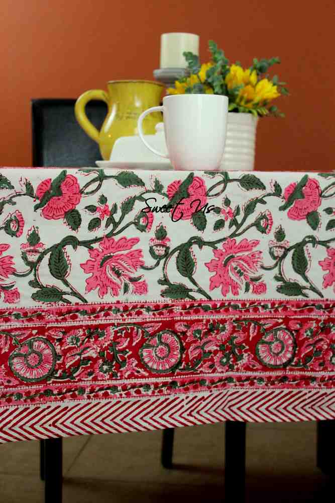 Floral Vine Block Print Tablecloth Rectangle Cotton, White Red, Table Linen - Sweet Us