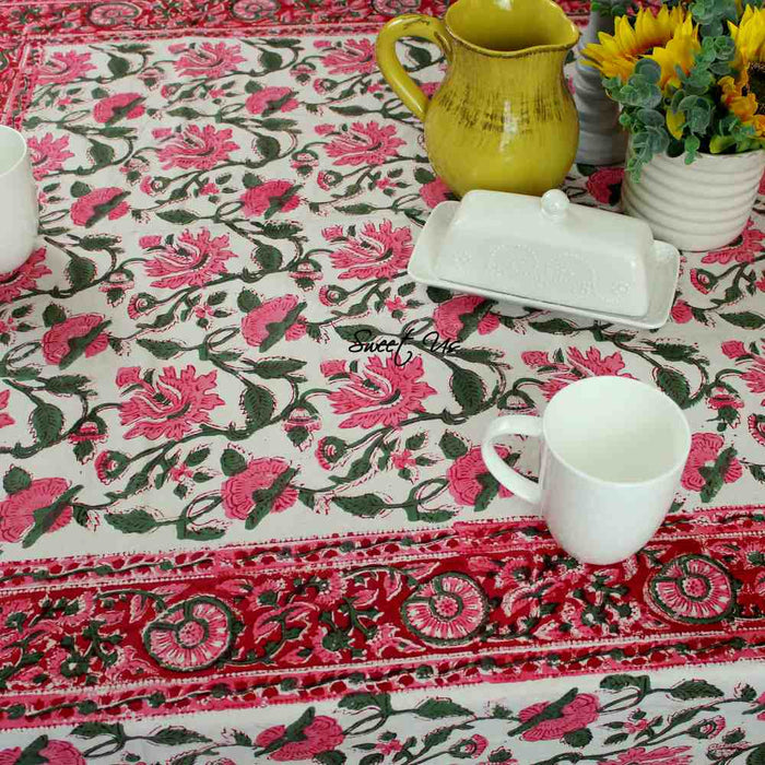 Floral Vine Block Print Tablecloth Rectangle Cotton, White Red, Table Linen - Sweet Us