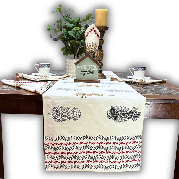 Paisley Cradle Floral Cotton Block Print Table Runner, Tuscan Foliage - Sweet Us