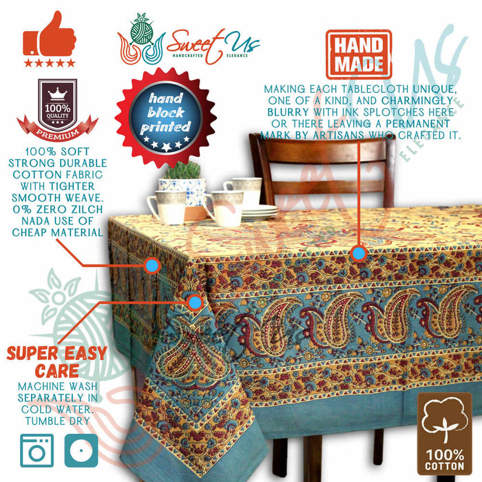 Paisley Heritage Hand?Printed Cotton Tablecloth — Turquoise Serein - Sweet Us