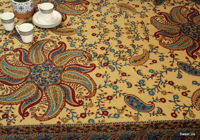 Paisley Heritage Hand?Printed Cotton Tablecloth — Turquoise Serein - Sweet Us