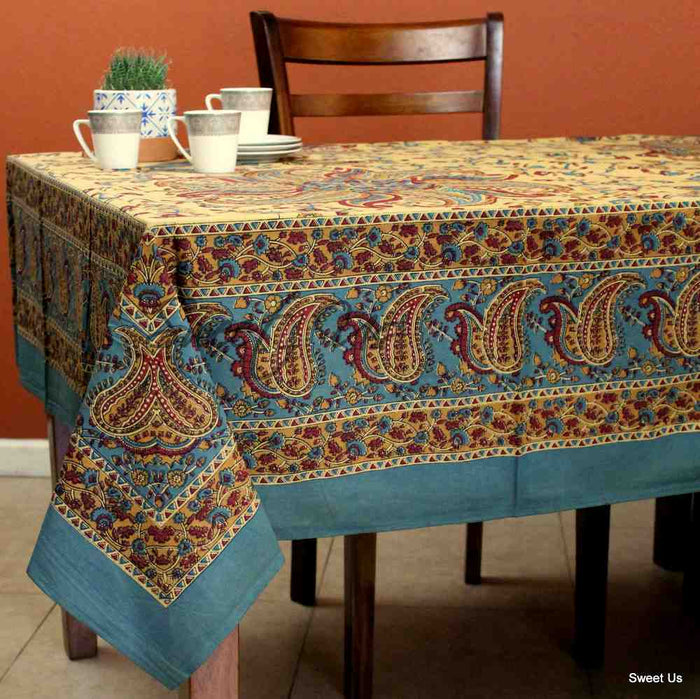 Paisley Heritage Hand?Printed Cotton Tablecloth — Turquoise Serein - Sweet Us