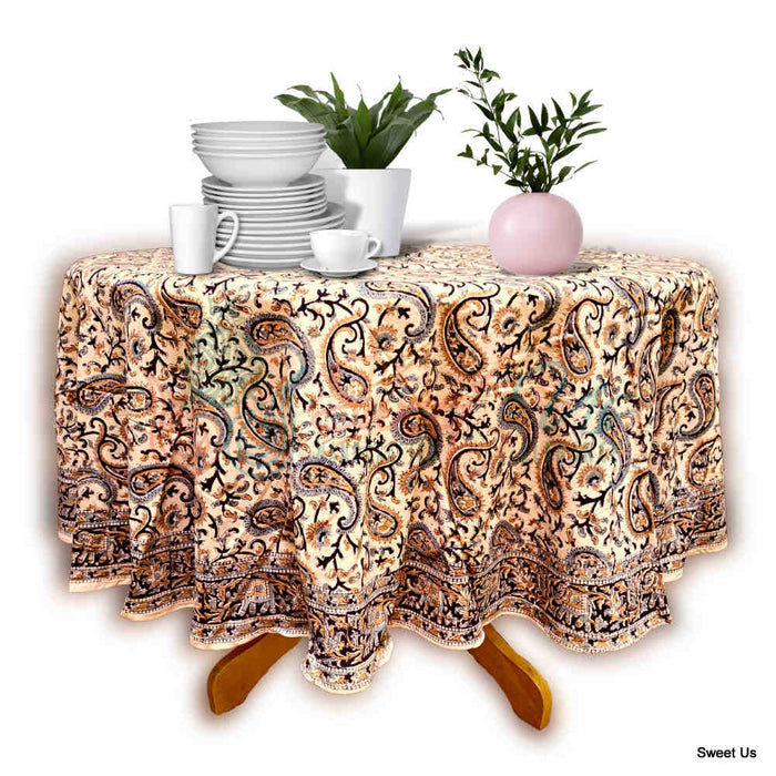 Block Print Tablecloth Round, Floral Paisley Elephants in Blue, Gold, Gray - Sweet Us