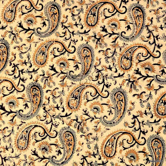 Block Print Tablecloth Round, Floral Paisley Elephants in Blue, Gold, Gray - Sweet Us