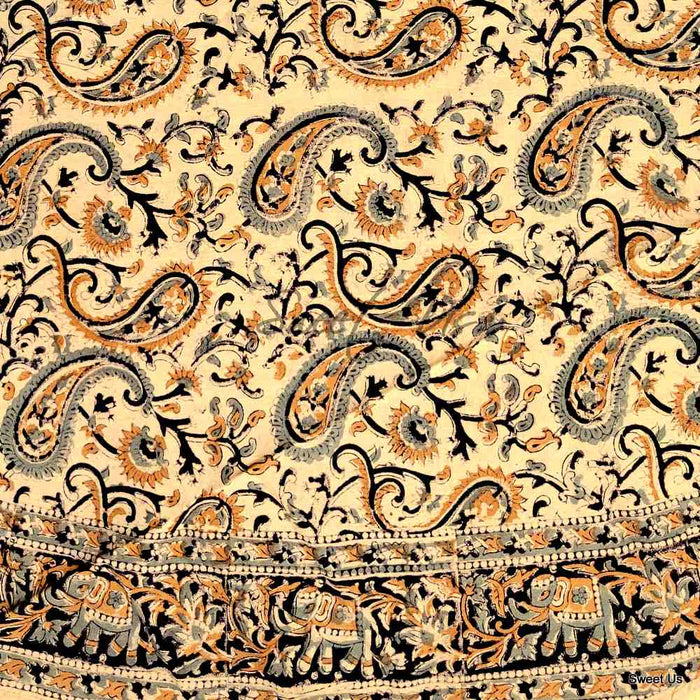 Block Print Tablecloth Round, Floral Paisley Elephants in Blue, Gold, Gray - Sweet Us