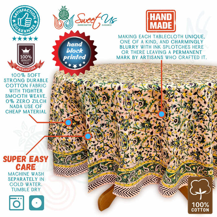 Paisley Reverie Hand?Block Printed Cotton Round Tablecloth — Saffron Vale - Sweet Us