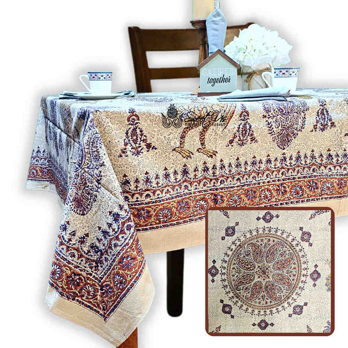 Peacock Paisley Majesty Floral Hand Block Print Cotton Tablecloth Rectangle - Sweet Us