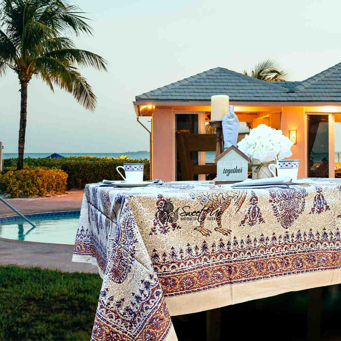 Peacock Paisley Majesty Floral Hand Block Print Cotton Tablecloth Rectangle - Sweet Us