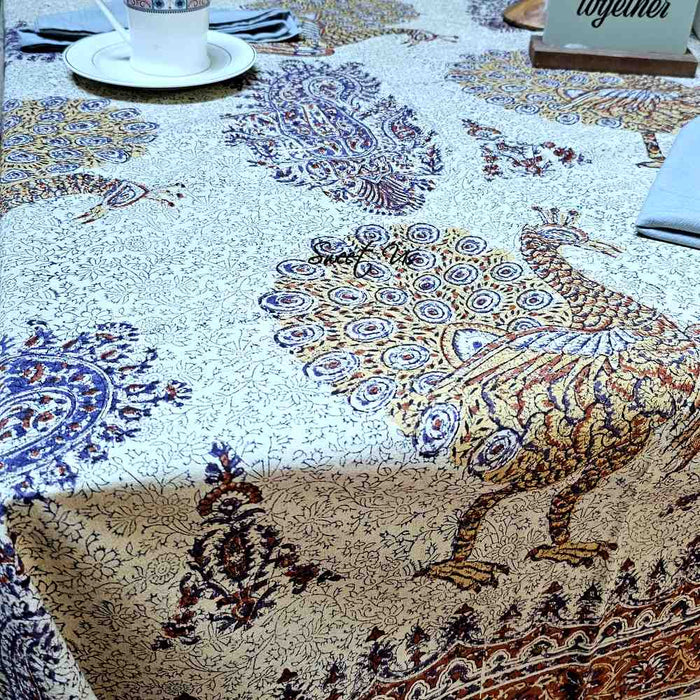 Peacock Paisley Majesty Floral Hand Block Print Cotton Tablecloth Rectangle - Sweet Us