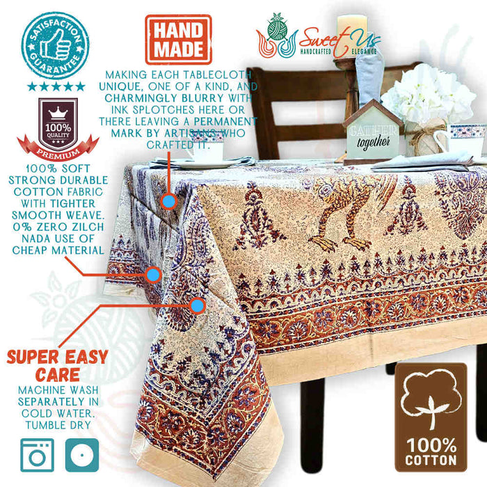 Peacock Paisley Majesty Floral Hand Block Print Cotton Tablecloth Rectangle - Sweet Us