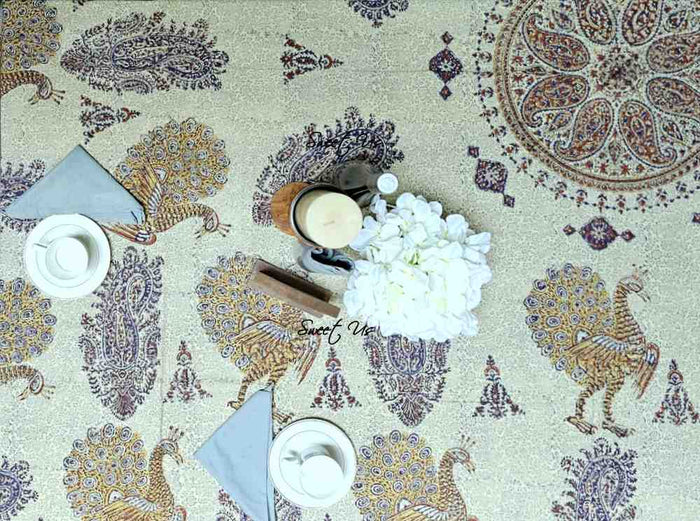 Peacock Paisley Majesty Floral Hand Block Print Cotton Tablecloth Rectangle - Sweet Us