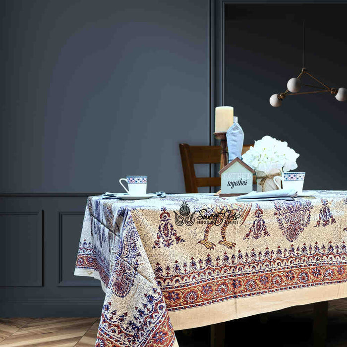 Peacock Paisley Majesty Floral Hand Block Print Cotton Tablecloth Rectangle - Sweet Us