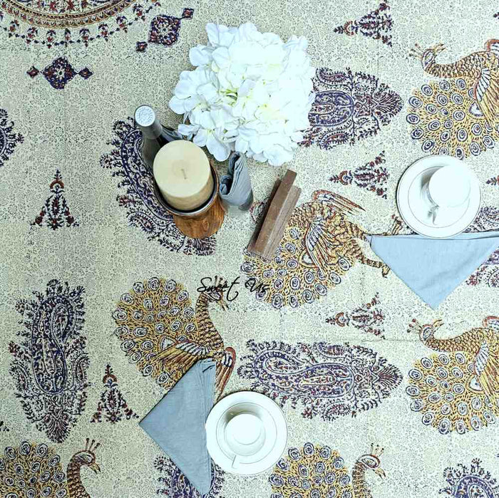 Peacock Paisley Majesty Floral Hand Block Print Cotton Tablecloth Rectangle - Sweet Us