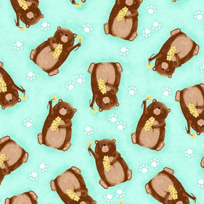 Pillowcase - Bears and Flowers Turquoise Flannel