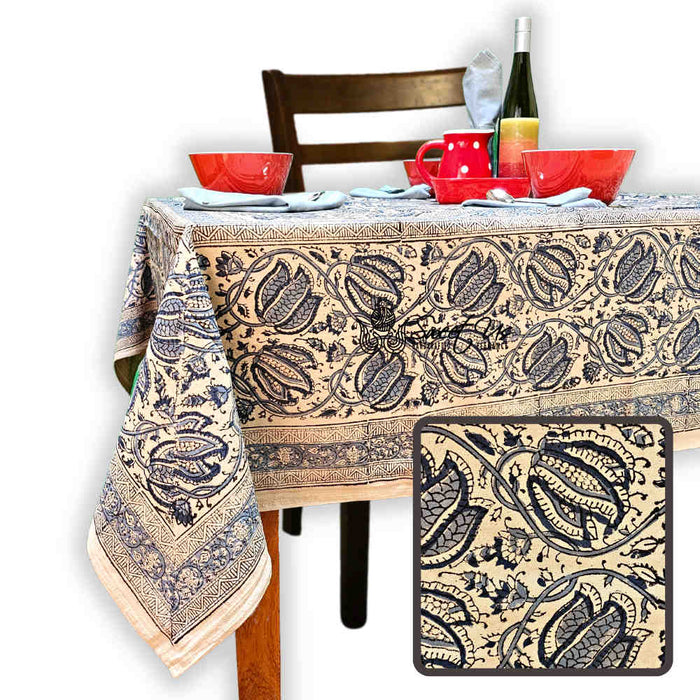Sustainable Floral Block Print Cotton Tablecloth Rectangle, Golden Twilight - Sweet Us
