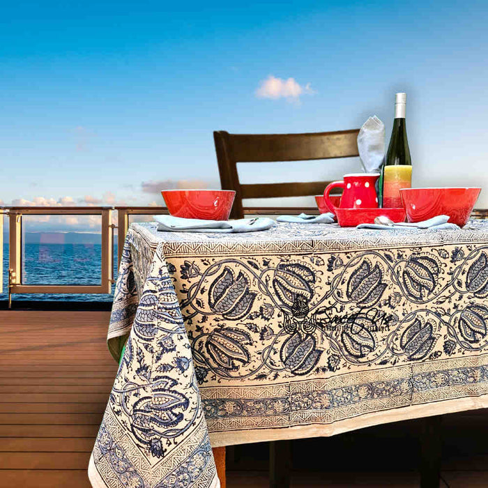 Cotton Vegetable Dye Hand Block Print Tablecloth Collection, Blue - Sweet Us