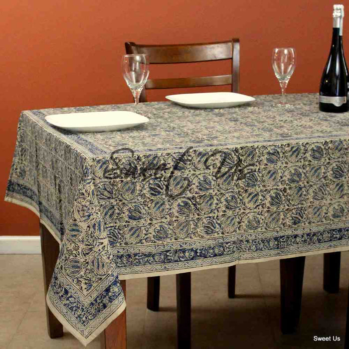 Cotton Vegetable Dye Hand Block Print Floral Tablecloth Rectangle Blue Beige - Sweet Us