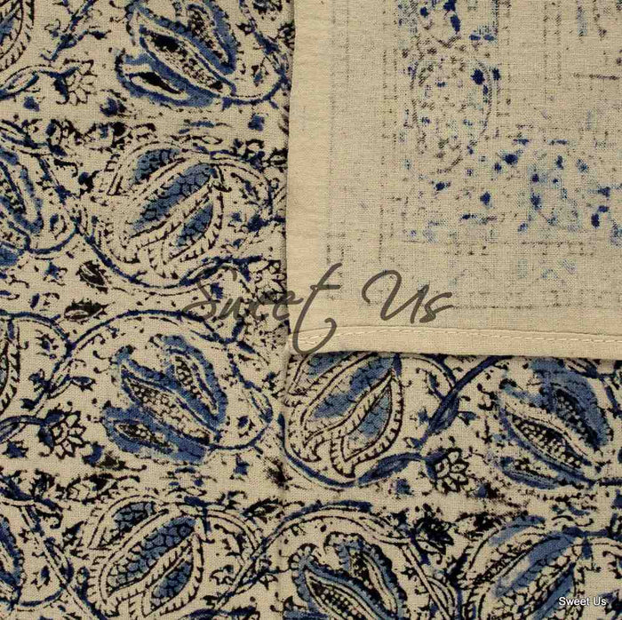 Cotton Vegetable Dye Hand Block Print Floral Tablecloth Rectangle Blue Beige - Sweet Us