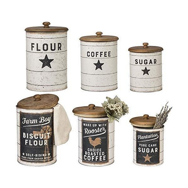 Primitives by Kathy 6" Rustic Farmhouse Tin Canisters: Sugar, Coffee, & Flour