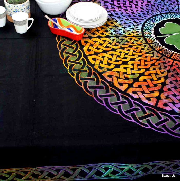 Tie-Dye Cotton Celtic Lucky Clover Tablecloth Rectangle, Round Multicolor Linen - Sweet Us