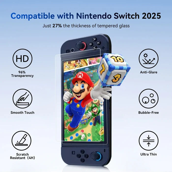 Nintendo Switch 2025 with ultra-thin, anti-glare, scratch-resistant screen protector featuring Mario game