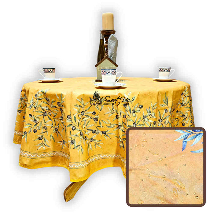 Provence d'Olives Coated French Tablecloth Round, Gold - Sweet Us